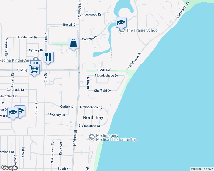 map of restaurants, bars, coffee shops, grocery stores, and more near 131 Westminster Square in Racine