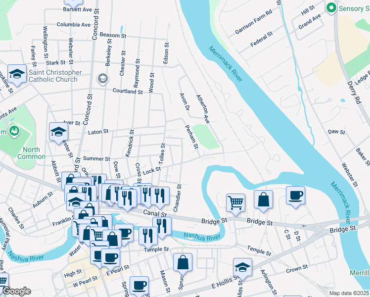 map of restaurants, bars, coffee shops, grocery stores, and more near 94 Chandler Street in Nashua