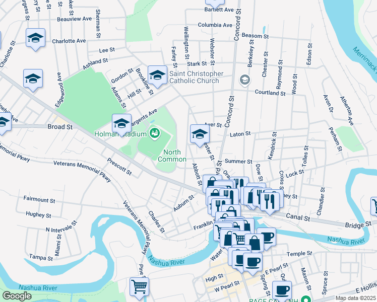 map of restaurants, bars, coffee shops, grocery stores, and more near 21 Abbott Street in Nashua