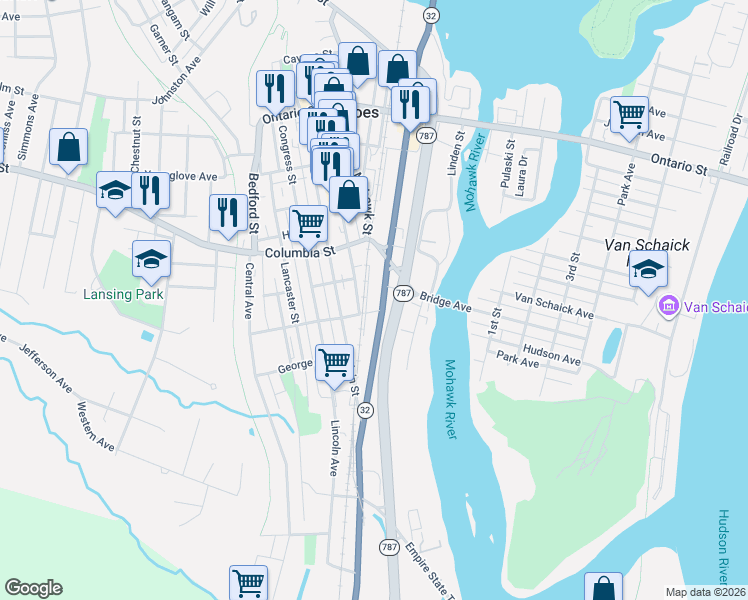 map of restaurants, bars, coffee shops, grocery stores, and more near 11 Newark Street in Cohoes