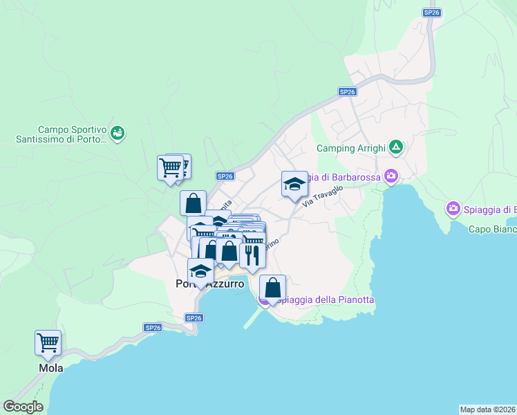 map of restaurants, bars, coffee shops, grocery stores, and more near 15 Via Casina in Porto Azzurro