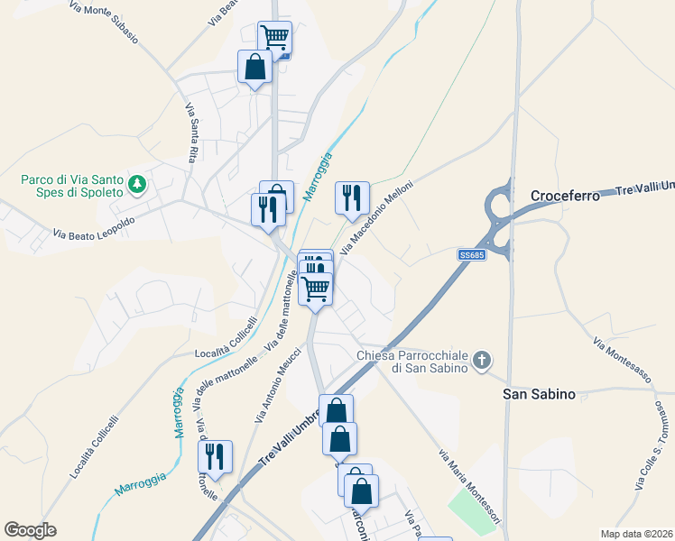 map of restaurants, bars, coffee shops, grocery stores, and more near 11 Via Macedonio Melloni in Spoleto