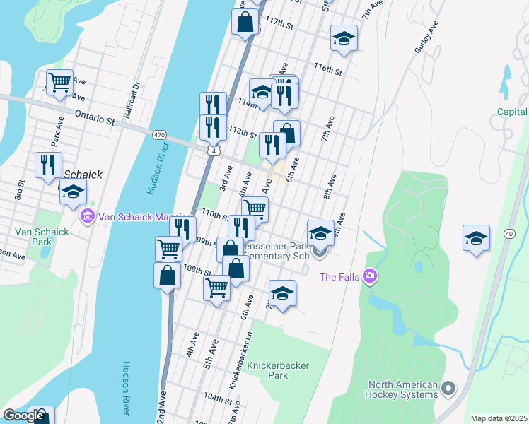 map of restaurants, bars, coffee shops, grocery stores, and more near 417 6th Avenue in Troy