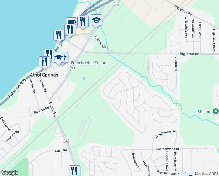 map of restaurants, bars, coffee shops, grocery stores, and more near 8 Brush Drive in Hamburg