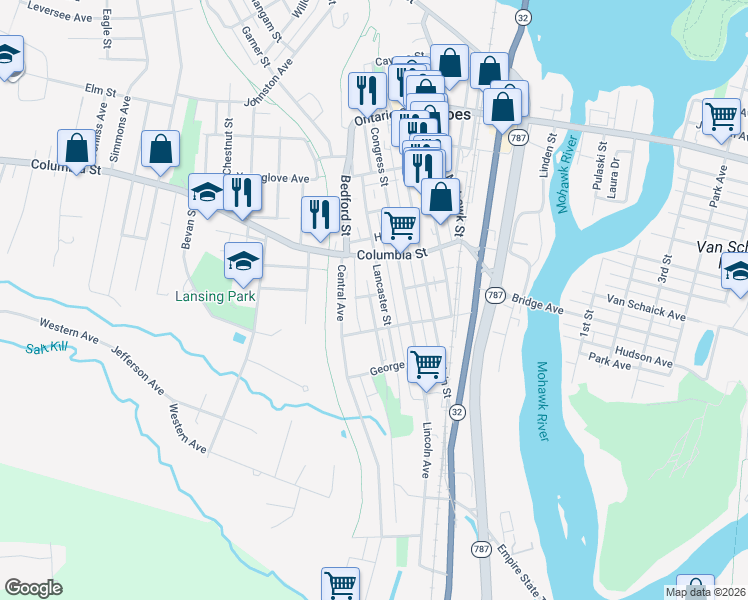 map of restaurants, bars, coffee shops, grocery stores, and more near 116 Lancaster Street in Cohoes