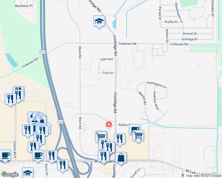 map of restaurants, bars, coffee shops, grocery stores, and more near 3495 Coolidge Road in East Lansing
