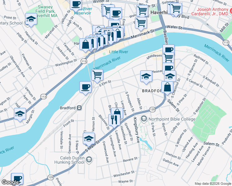 map of restaurants, bars, coffee shops, grocery stores, and more near 58 Chandler Street in Haverhill