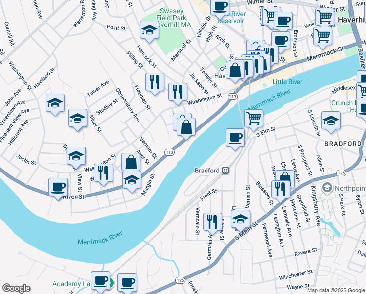 map of restaurants, bars, coffee shops, grocery stores, and more near 264 River Street in Haverhill