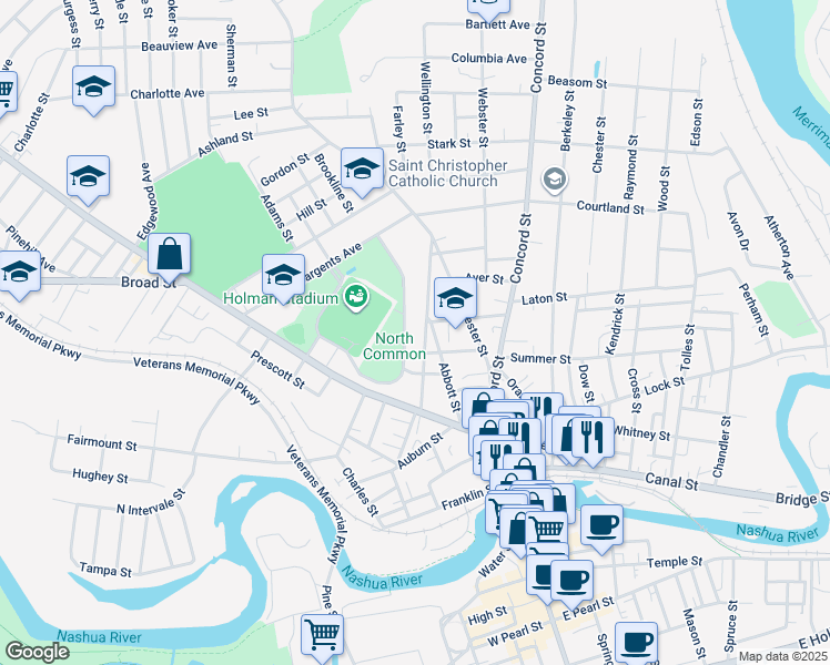 map of restaurants, bars, coffee shops, grocery stores, and more near 24 Merrimack Street in Nashua