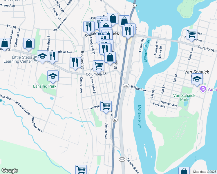map of restaurants, bars, coffee shops, grocery stores, and more near 145 Main Street in Cohoes