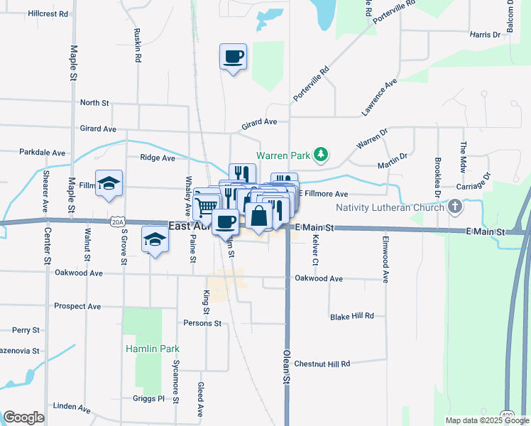 map of restaurants, bars, coffee shops, grocery stores, and more near 676 - 694 Main Street in East Aurora
