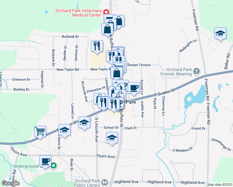 map of restaurants, bars, coffee shops, grocery stores, and more near in Orchard Park
