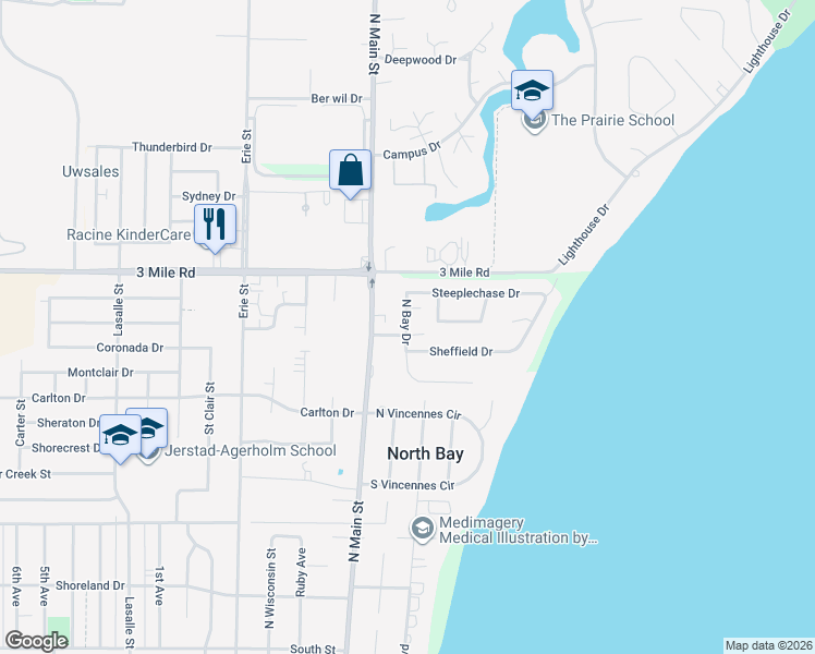 map of restaurants, bars, coffee shops, grocery stores, and more near 210 Sheffield Drive in Racine