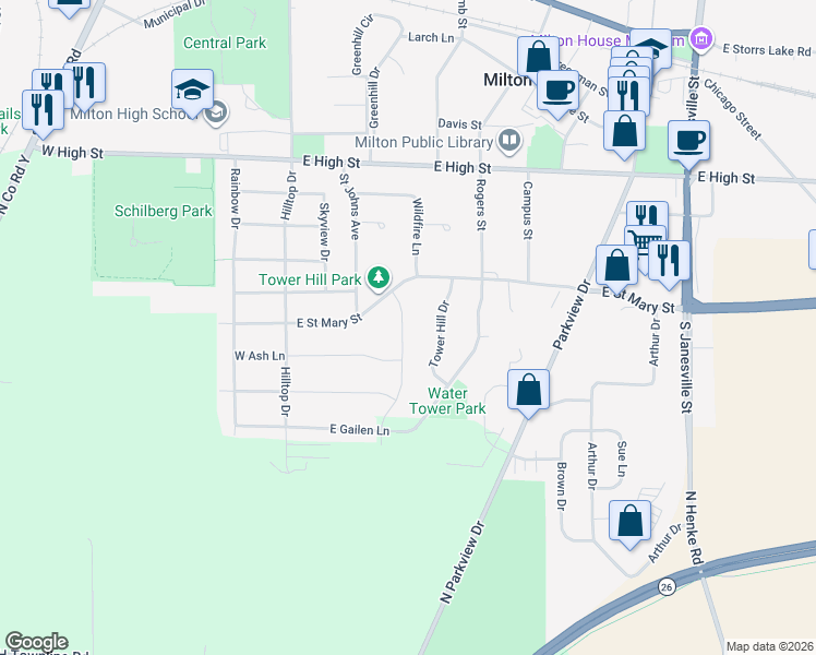 map of restaurants, bars, coffee shops, grocery stores, and more near 753 Red Hawk Drive in Milton