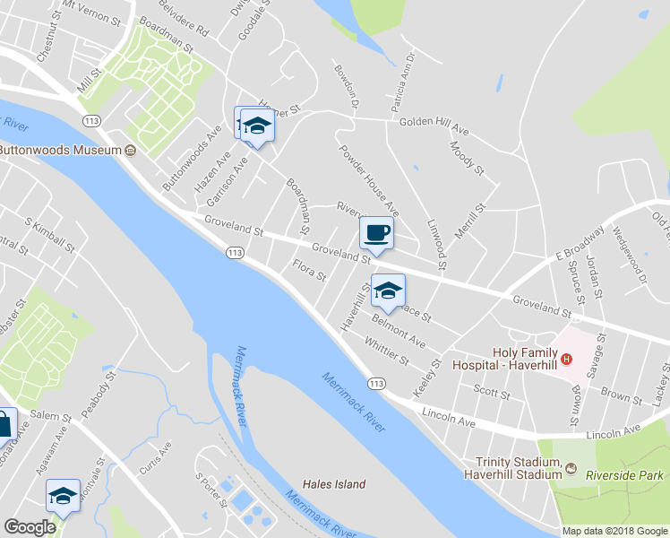 map of restaurants, bars, coffee shops, grocery stores, and more near 42 Mechanic Street in Haverhill