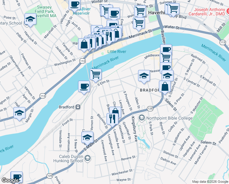 map of restaurants, bars, coffee shops, grocery stores, and more near 58 Chandler Street in Haverhill