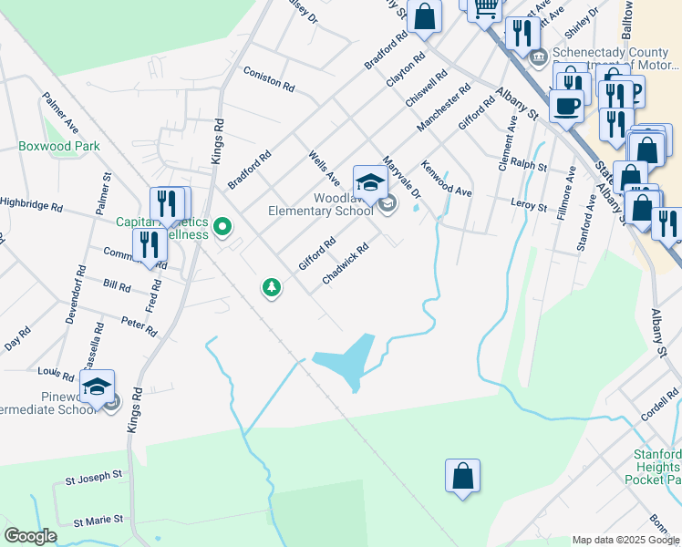 map of restaurants, bars, coffee shops, grocery stores, and more near 502 Chadwick Road in Schenectady