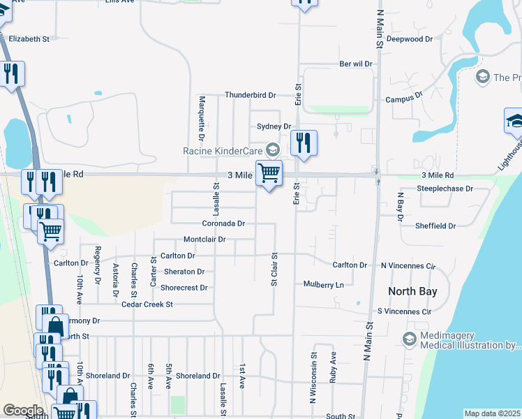 map of restaurants, bars, coffee shops, grocery stores, and more near 722 Coronada Drive in Racine