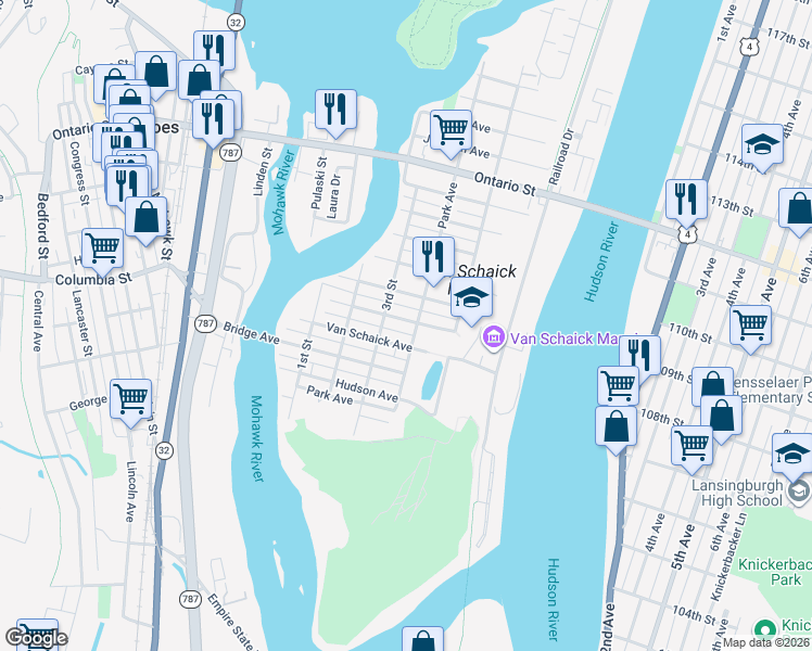 map of restaurants, bars, coffee shops, grocery stores, and more near 103 Van Schaick Avenue in Cohoes