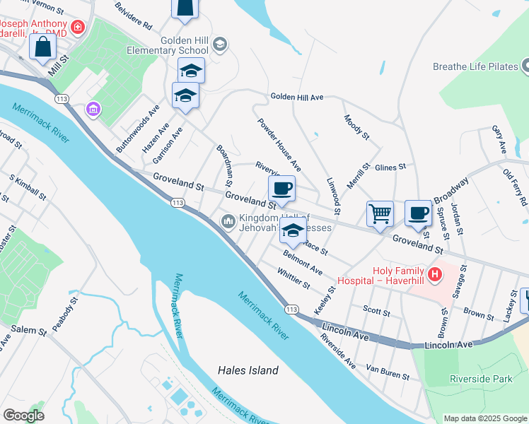 map of restaurants, bars, coffee shops, grocery stores, and more near 52 Haverhill Street in Haverhill