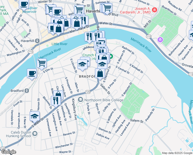 map of restaurants, bars, coffee shops, grocery stores, and more near 2 Salem Street in Haverhill