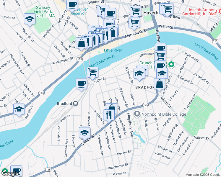 map of restaurants, bars, coffee shops, grocery stores, and more near 58 Chandler Street in Haverhill