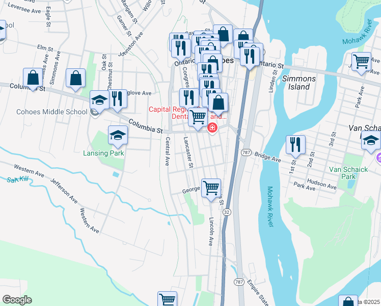 map of restaurants, bars, coffee shops, grocery stores, and more near 116 Lancaster Street in Cohoes