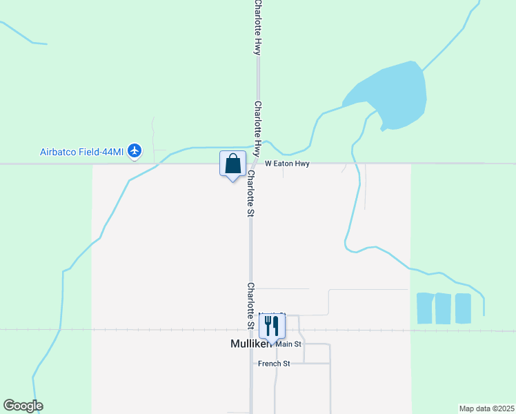 map of restaurants, bars, coffee shops, grocery stores, and more near 43 Charlotte Street in Mulliken