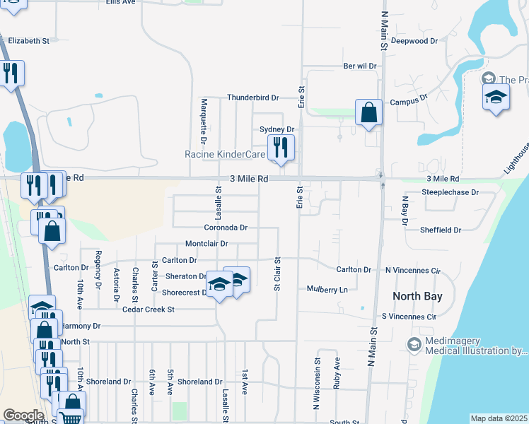 map of restaurants, bars, coffee shops, grocery stores, and more near 722 Coronada Drive in Racine