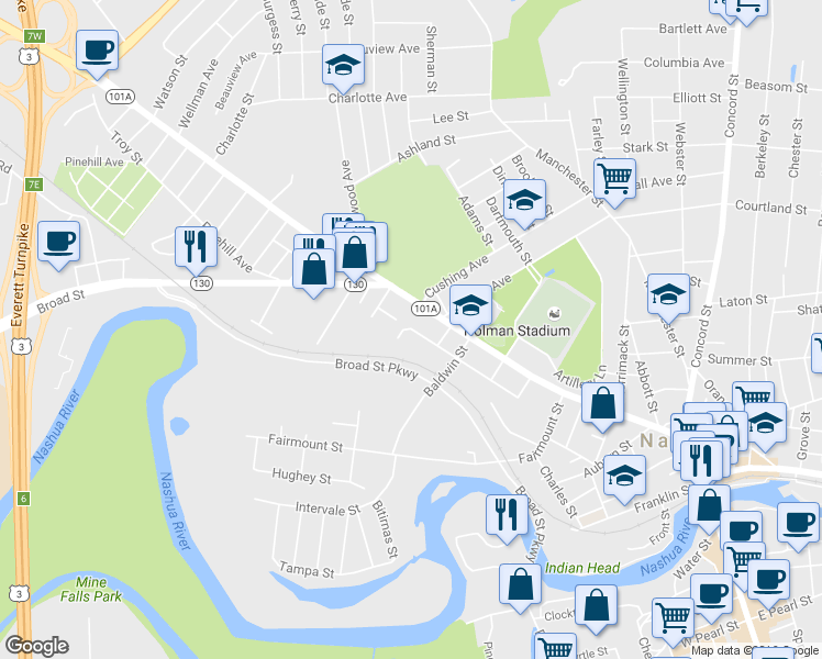map of restaurants, bars, coffee shops, grocery stores, and more near 68 West Prescott Street in Nashua