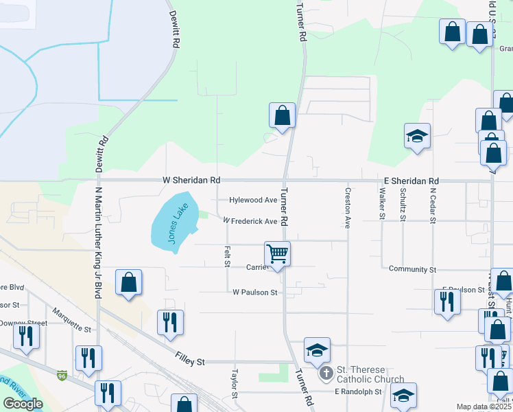 map of restaurants, bars, coffee shops, grocery stores, and more near 422 West Frederick Avenue in Lansing