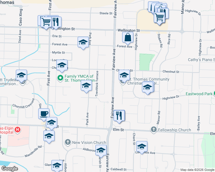 map of restaurants, bars, coffee shops, grocery stores, and more near in St. Thomas
