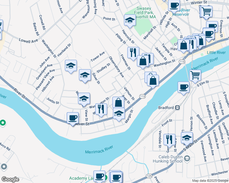 map of restaurants, bars, coffee shops, grocery stores, and more near 469 Washington Street in Haverhill