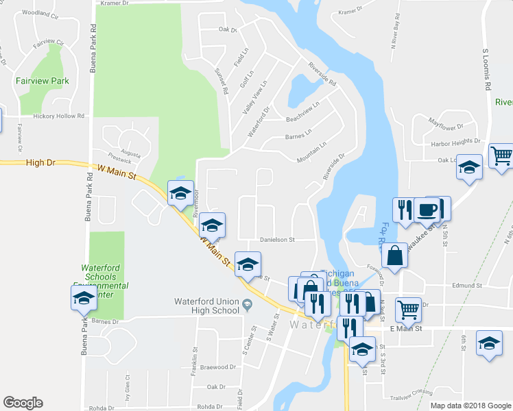 map of restaurants, bars, coffee shops, grocery stores, and more near Fox River Hills Drive in Waterford