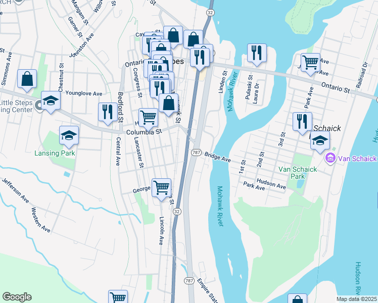 map of restaurants, bars, coffee shops, grocery stores, and more near 17 Whitehall Street in Troy