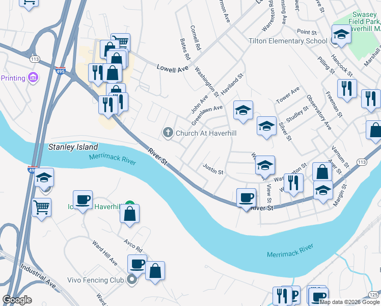 map of restaurants, bars, coffee shops, grocery stores, and more near 33 Worcester Street in Haverhill