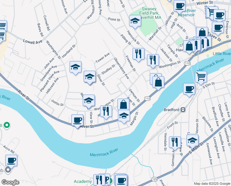 map of restaurants, bars, coffee shops, grocery stores, and more near 480 Washington Street in Haverhill
