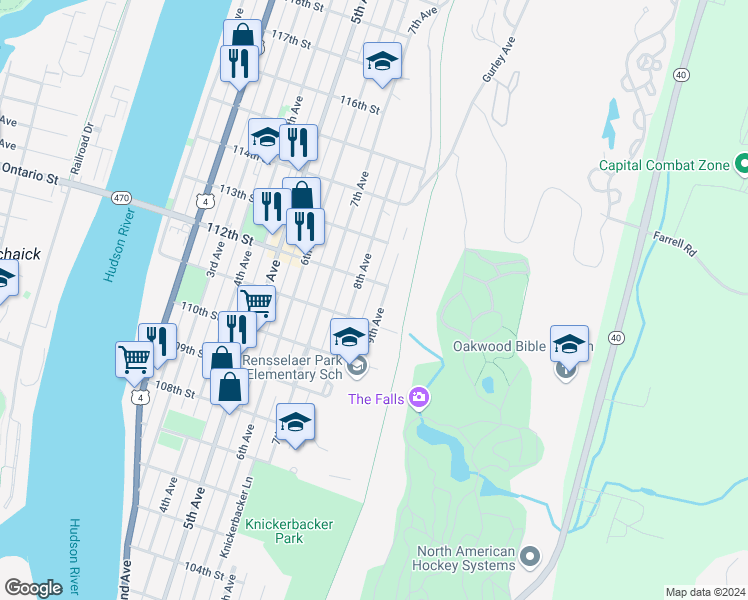 map of restaurants, bars, coffee shops, grocery stores, and more near 444 9th Avenue in Troy