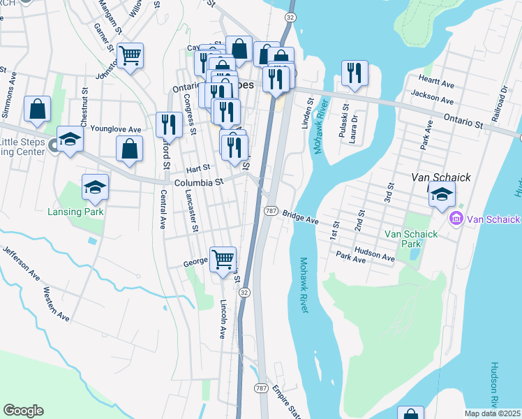 map of restaurants, bars, coffee shops, grocery stores, and more near 17 Whitehall Street in Troy