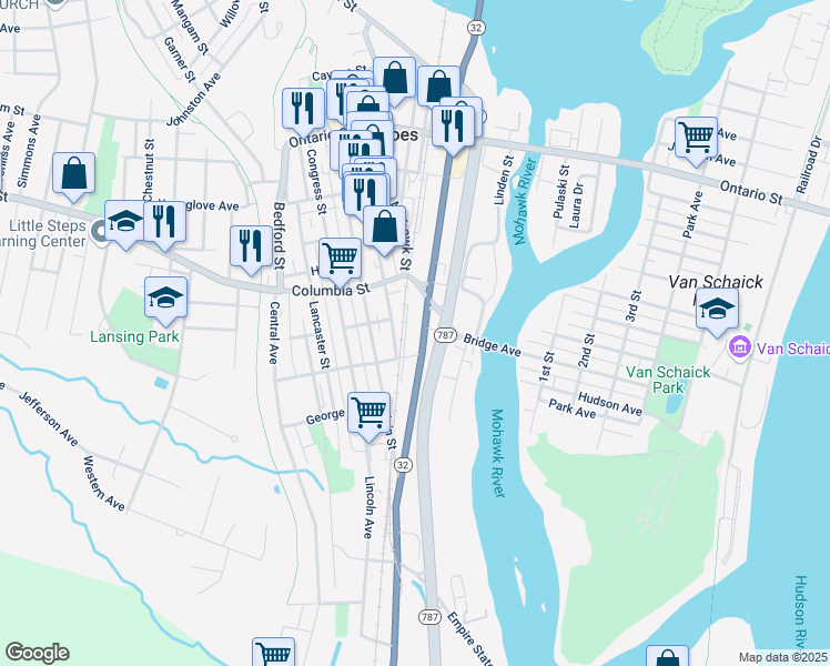 map of restaurants, bars, coffee shops, grocery stores, and more near 11 Newark Street in Cohoes