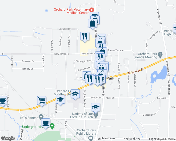 map of restaurants, bars, coffee shops, grocery stores, and more near 38 Harvard Place in Orchard Park