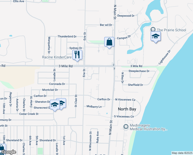 map of restaurants, bars, coffee shops, grocery stores, and more near 3818 Ruby Avenue in Racine
