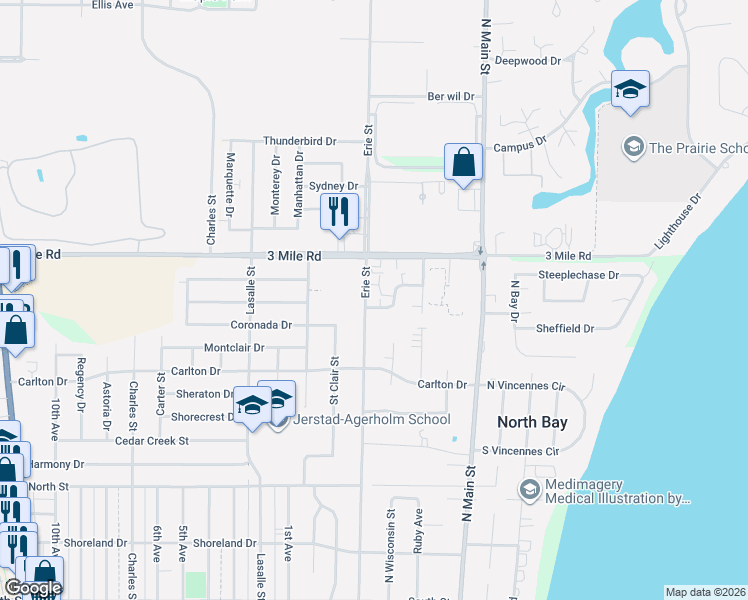 map of restaurants, bars, coffee shops, grocery stores, and more near 3825 Erie Street in Racine