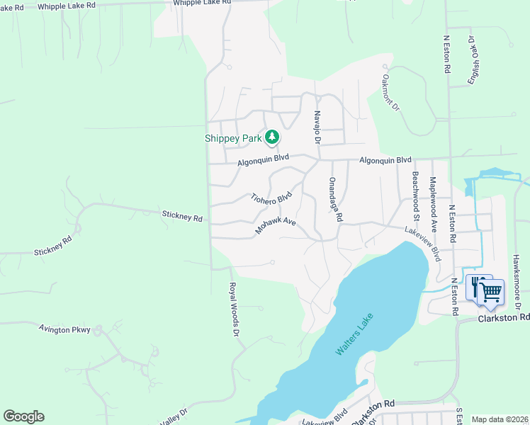 map of restaurants, bars, coffee shops, grocery stores, and more near 5071 O-Aw-Wen-Sa Drive in Clarkston