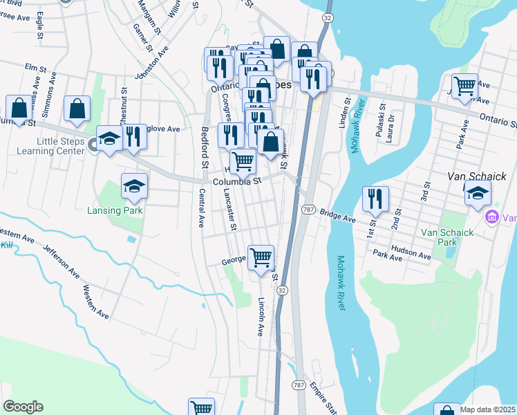 map of restaurants, bars, coffee shops, grocery stores, and more near 129 Main Street in Cohoes