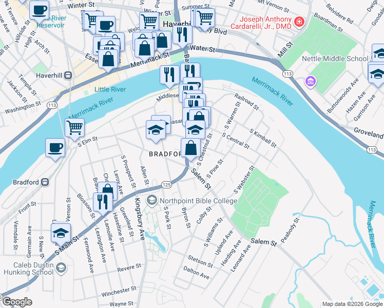 map of restaurants, bars, coffee shops, grocery stores, and more near 210 South Main Street in Haverhill