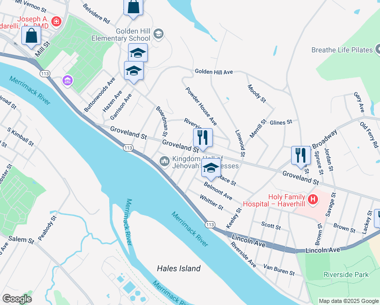 map of restaurants, bars, coffee shops, grocery stores, and more near 143 Groveland Street in Haverhill