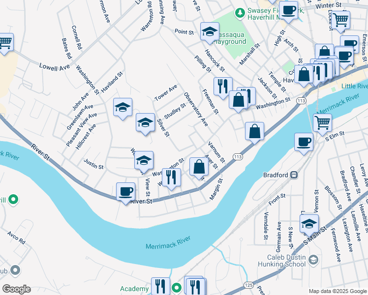 map of restaurants, bars, coffee shops, grocery stores, and more near 19 Davis Street in Haverhill