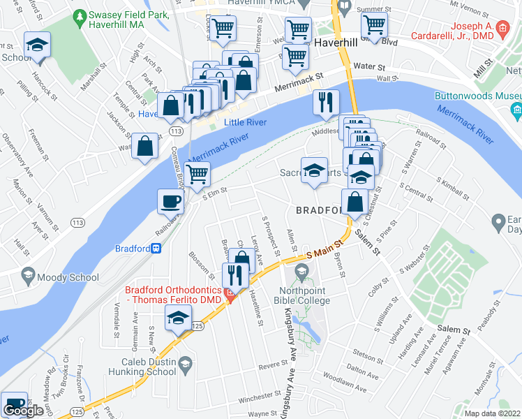 map of restaurants, bars, coffee shops, grocery stores, and more near 62 South Prospect Street in Haverhill