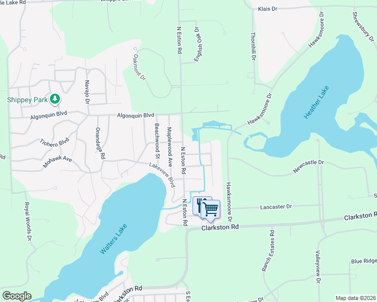 map of restaurants, bars, coffee shops, grocery stores, and more near 8746 North Eston Road in Clarkston